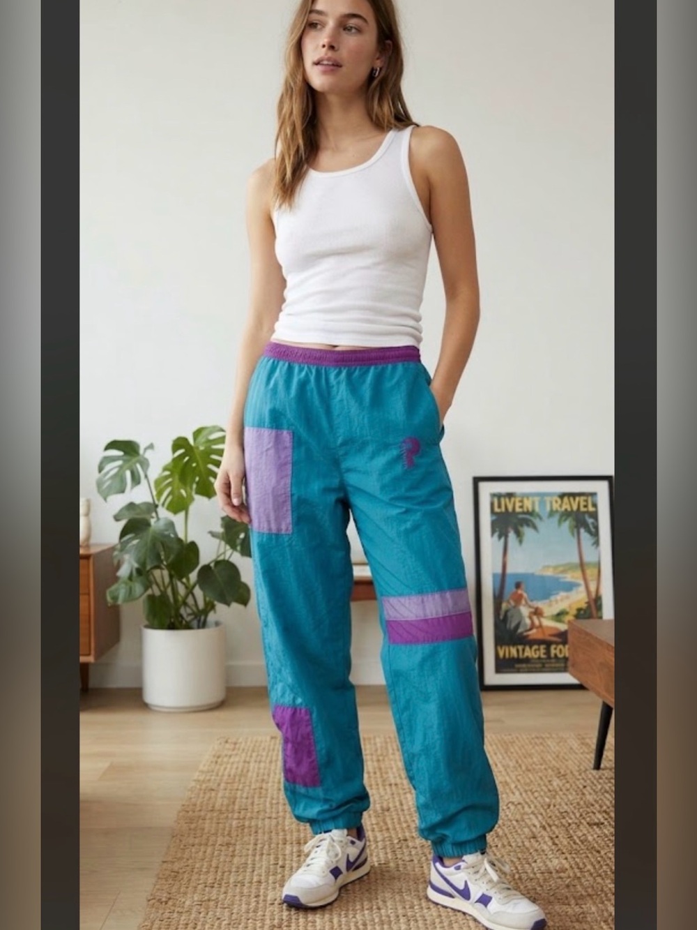 Vintage-Inspired Teal Patchwork Jogger Pants
